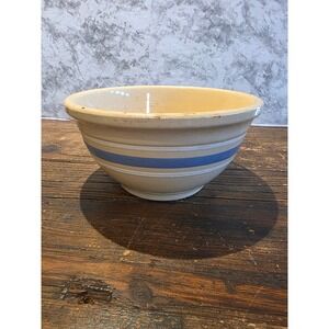 Vintage Yellowware Mixing Bowl Blue Banded Stoneware Antique Farmhouse 9 Inch